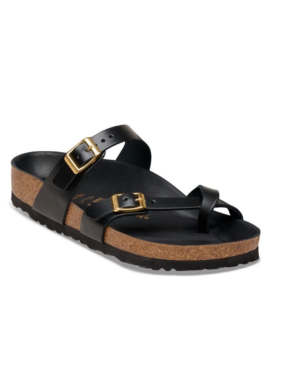 Birkenstock Black Leather Two-Strap Cork Footbed Sandals with Gold Buckles
